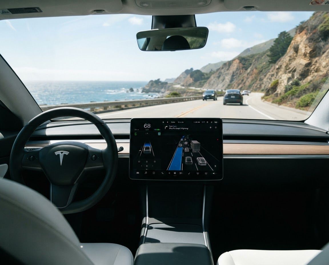The view forward from the driver's seat of a Tesla on an open coastal highway